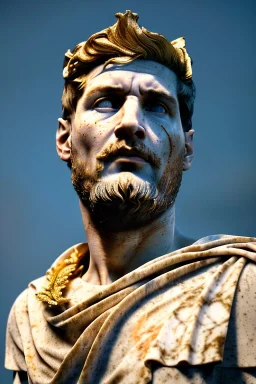 Realistic image, Roman sculpture made in marble with gold veins, Lionel messi, gold laurel leaves crown, waist up portrait,marble material, gold ornaments, Renaissance style, sun rays background, epic, celestial, cinematic lighting, God lights, 4k resolution, smooth details, soft lighting, unreal engine 5, art station, substance 3d.