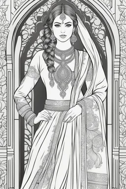 coloring page for adults of fashion model wearing hindi dress, thick and clear lines hair, full body portrait, style clean coloring page for adults, cartoon style, clean line art high detailed, white background, coloring book style, 8k, no-shading, thick lines hair, no-grayscale, lines hair