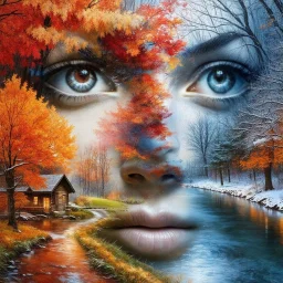 Inspired by Marsha Sue Bell Baker Prompt: Double exposure artwork of a large human face blending with a vibrant landscape, capturing the essence of both autumn and winter. The human face has hauntingly enchanting eyes and a serene expression, seamlessly overlaid with nature. On one side, colorful autumn trees in orange, red, and gold fill the scene with intricate, vivid details, alongside a glimmering river flowing towards a rustic cabin. The other side shows winter with snow-covered branches an