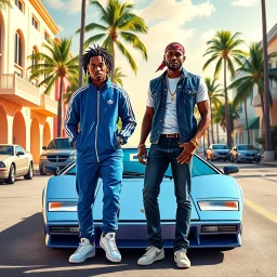 Ultra‑realistic A vibrant, cinematic “Grand Theft Auto: Vice City”-style poster set in a pastel-colored Miami street with Art Deco buildings, tall palm trees, and warm sunlight. Two stylish men stand confidently in front of a vintage Lamborghini Countach. One man wears a blue Adidas tracksuit with white sneakers, hands in pockets, sporting short dreadlocks and a casual relaxed expression. The other man wears a denim vest over a white T-shirt, dark jeans, a bandana, and gold accessories, giving a
