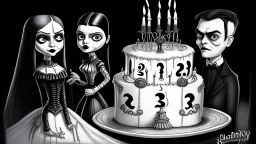 draw a birthday cake with logo number 23 or one candle 23 ,Insanely detailed Addams Family movie still with Barbie dolls, art by tim burton