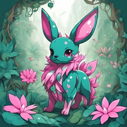 Teal colored eevee with a large pink with white spotted flower growing out of their back with jagged leaves and green vines that wrap around everything, background jungle, masterpiece, best quality, in doodle art style