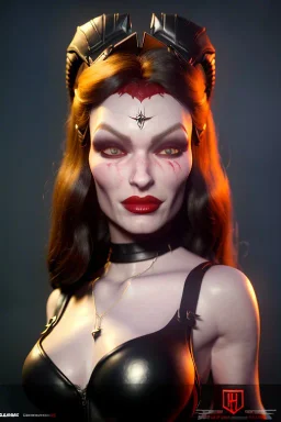 Veronica Lake as evil queen in black leather, leather, busty, cleavage, angry, stern look. character design by cory loftis, fenghua zhong, ryohei hase, ismail inceoglu and ruan jia. unreal engine 5, artistic lighting, highly detailed, photorealistic, fantasy