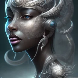 sango fantasy, fantasy magic, intricate, sharp focus, illustration, highly detailed, digital painting, concept art, matte, masterpiece head sexy front view black African beauty space lady silver carp skin one head African space night