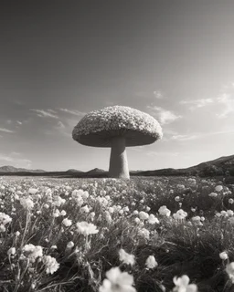 ULTRA REALISTIC, B&W Photograph, A mushroom cloud made of WHITE FLOWERS, in the distance in the desert, at Golden Hour, cinematic, cinematic shot, dynamic composition, details, intricate detail, professional lighting, film lighting, 35mm, anamorphic, lightroom, cinematography, bokeh, lens flare, film grain, hdr10, 8k, Roger Deakins, incredibly detailed, reflect, sharpen