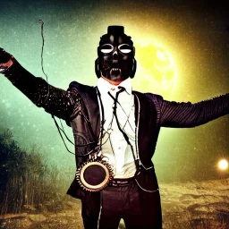 cyborg one man band, full moon background center large, steampunk style, horizontal image, 3d, hd