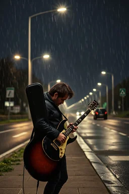 a very disappointed member with guitar case of a hard rock band who has been kicked out of a rehearsal space in Sweden, he stands outside in the rain and cries, street lamps shining, raindrops, wind, empty roads and cycle paths next to it