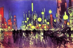 Cyberpunk City near the trees, konstantin korovin influence, sci-fi, impressionism painting