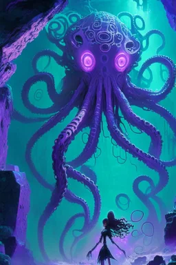 [vaporwave] Agatha's eyes widened as she beheld the colossal octopus-robot, an awe-inspiring creation that towered over the cave's confines. Its metallic limbs reached out like a network of serpentine tendrils, poised and ready to strike against the forces of evil