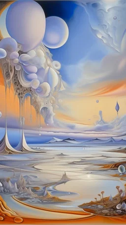 A light palish violet high sky with bubbly clouds painted by Salvador Dali