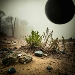 A striking quality Kodak photograph captures a wasteland with oddities and group of plants, creepy, details of the dust very accentuated, Amano, Ernst Haekel, glossy organic mass, adorned with minerals and rocks. Bathed in intense light, eerie, Max Ernst style, black sun, fog