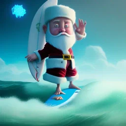 Santa standing of surfboard surfing a big wave, empty hands, beach, character design by cory loftis, fenghua zhong, ryohei hase, ismail inceoglu and ruan jia. unreal engine 5, artistic lighting, highly detailed, photorealistic, fantasy