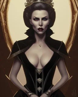 old evil queen in black leather gown, femme fatale, volouptous, busty, cleavage, angry, emperious, 8k resolution concept art portrait by Greg Rutkowski,