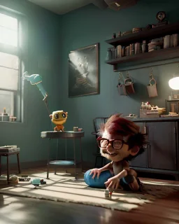 Boy room scene with color hair monster, Steven Spielberg style, realistic photo, sweet, concept art, smooth, unreal engine 5, god lights, ray tracing, RTX, lumen lighting, ultra detail, volumetric lighting, 3d.