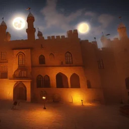 middle east castle , night , cloud in the sky , full moon , bird in the sky,fire place in the bazaar , high resolution, super realistic, unreal engine, cinematic lighting,