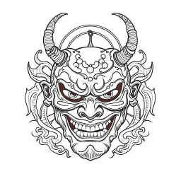 White, minimalis line art , oni mask japanes funny , vector, white background, outline, with images neatly contained within the background, just black and white color,