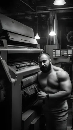 robust muscular turkish chubby 35 year old man in tracksuit, short beard, shirtless, printer in an old printing house, next to a huge old printer, dim light, side light, ambient occlusion