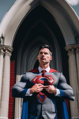 man dressed in church dress clothes opening his shirt like superman and bearing his chest in front of a church