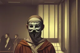 man wearing anonymous mask stands in server room by andrea del sarto