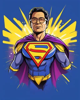 Gustavo Petro as super hero. It has the letters (((SP))) as a logo on the chest. Futuristic modern comic illustration, ultra quality, 8k. Blue, yellow, red and purple colors.