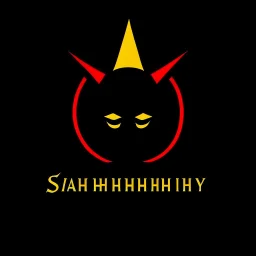 minimalist logo for rock band dirty yellow text "SARDONIC HARMONY" in a futuristic font, sinister evil marshmallow head with headphones and red flames silhouette, dark negative space, stylish, wow factor
