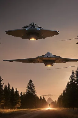school (kids) see saucer ufo flying over tall pine trees near a high voltage powerline with (three lights underneath) and lots of lights all around the edge, the year is 1966 in color, concept art, by Asaf Hanuka, by Weta Digital, Electric Colors, Screen Space Global Illumination, in a symbolic and meaningful style