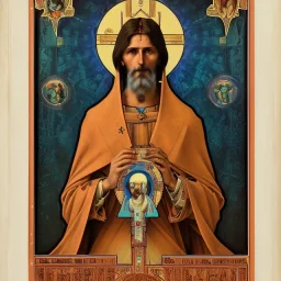 patron of photographers holding a camera in one hand and film roll in the other. orthodox icon with saint photographer. Cyrillic inscriptions. hyperdetailed, Alphonse Mucha, Zdzisław Beksiński, poster, illustration, ink, oil on canvas, 18th century atlas