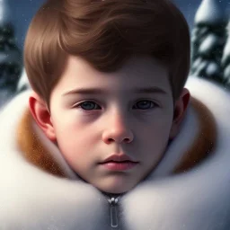 Portrait of boy child with brown hair and with cute face, north pole snowy vibe , perfect composition, hyperrealistic, super detailed, 8k, high quality, trending art, trending on artstation, sharp focus, studio photo, intricate details, highly detailed, by greg rutkowski