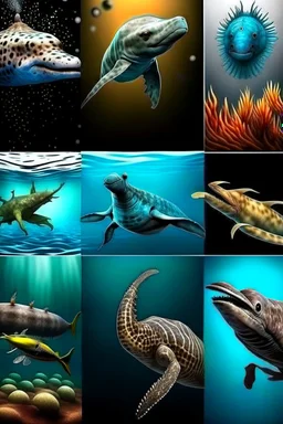 different variations of marine animals montage science book style