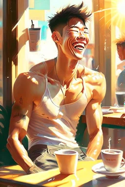 Laughin Asian boy relaxing in a sun filled cafe, athletic physique, tight clothes, broad shoulders, spilled coffee