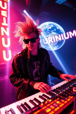 French cool synth player with crazy techno acid hair, he is called "Jean-Maurice Brûlée" performing at dance club, his name is "Jean-Maurice Brûlée" , white and orange Neon lights and oraNGE smog, and "URINIUM" big sign on the wall, he is playing on synthesizers on stage with lot of laser beams and wearing black sunglasses, an earth is projected in background