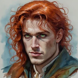 dnd, fantasy, watercolour in style of alfons mucha, portrait, illustration, male, face, green eyes, determined, happy, red hair, very long hair, radiating light, five o'clock shadow