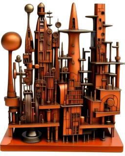 A bronze orange colored mechanized metropolis with tool shaped buildings painted by Pablo Picasso