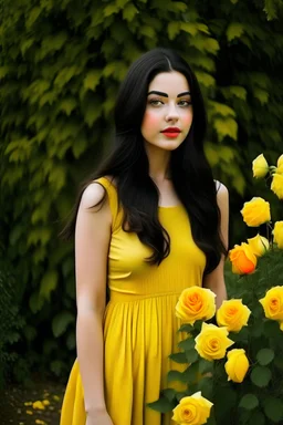 dress, yellow roses, black hair, white girl,