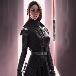 Riley Reid, sith Lord, darth, skimpy black outfit, evil stare, realistic, intricate detailed, well drawn, hand-painted, cell-shaded