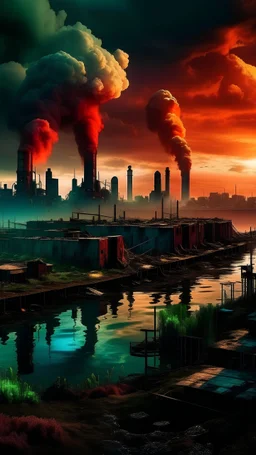 After the greenhouse effect, The city of 2023, polluted city, A bunch of factories, colorful clouds, lightning, polluted water. Surreal, wonderful craftsmanship, depth of field, sharp focus, unique art, 8k, mysterious