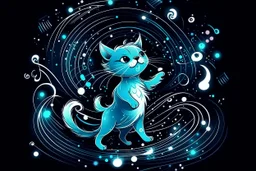 cute chibi dynamically dancing cat, holographic, bioluminescent, an image visualizing musical notes in an abstract and dynamic composition. Let the musical notes dance in the air, forming a symphony of shapes and symbols that convey the essence of sound. Show the notes floating and intertwining in air, creating a visually harmonious composition