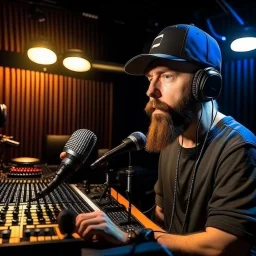 A short brown beard DJ with a baseball hat sing at microphone, many electronic consoles studio , microphones,, laser lights, FRONT VIEW