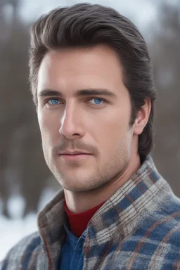 Blue eyes, close-up facial portrait - a Bright, well-lit UHD, 1080p 32k, photograph - winter time, hunting season, part Jesus Christ, part Elvis Presley with a mustache and short crew-cut hair, part Lee Majors, Part red and black checkered wool coat, blue jeans, cowboy boots, plaid shirt, sunbursts, crosses, 3D lighting, diamonds, hearts, Butterflies, Clovers, Roses, extremely colorful,