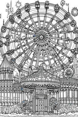 A haunted carnival with ghostly rides, creepy clowns, and a ferris wheel. Outline, sketch style, only use outline, mandala style, clean line art, white background, no shadows, no clear wall, coloring page.