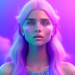 A portrait of a crystalised beautifull girl,smiling, laughting, white longs hairs, atmospheric, realistic,, cinematic lighting, octane render,, pink turquoise light, blue eyes nice, soft face