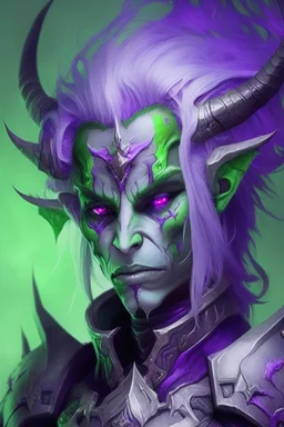 Demonio con armadura verde y morada y cabellera blanca con un rostro hermoso