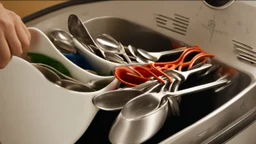 very confused young woman puts 8 metal spoons in her dryer