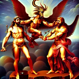 The winged messenger Hermes delivering a message to Zeus but Zeus is a Hydra. Medusa and the Minotaur are fighting in the background. High definition oil painting.