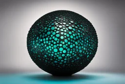 beautiful composition, black spheres with holes, woven of thin black wire, the entire surface of the sphere is filled with symmetrically arranged round holes, from the inside of the sphere a bioluminescent blue-green (sometimes blue, sometimes green) light is emitted, projecting coloured round spots onto the whole background and the whole horizontal base where the sphere is placed. S<AI