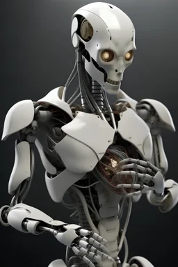 High definition image of a humanoid robot with a stone replacing its heart in its chest