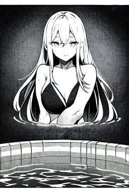 bikini long hair thin girl in abyss pool, greyscale, cool pose, screen tones