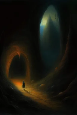 Dark cavern by Zdzisław Beksiński oil painting underground gloomy light