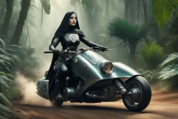 (high res photo by unknown surrealist artist) scifi Princess as a tattooed gangsta nun in her iconic outfit, she is driving a speeder moto in the jungle, aiming with her scifi rigle in hand, ready to shoot