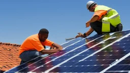 solar panel installation by 2 - 3 black guys on the roof of a house, panoramic view